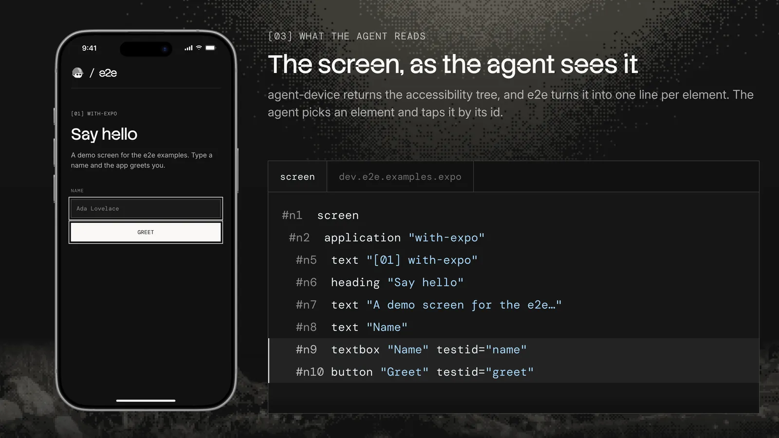 The Say hello screen beside the accessibility tree agent-device returns, with the Name textbox and Greet button highlighted